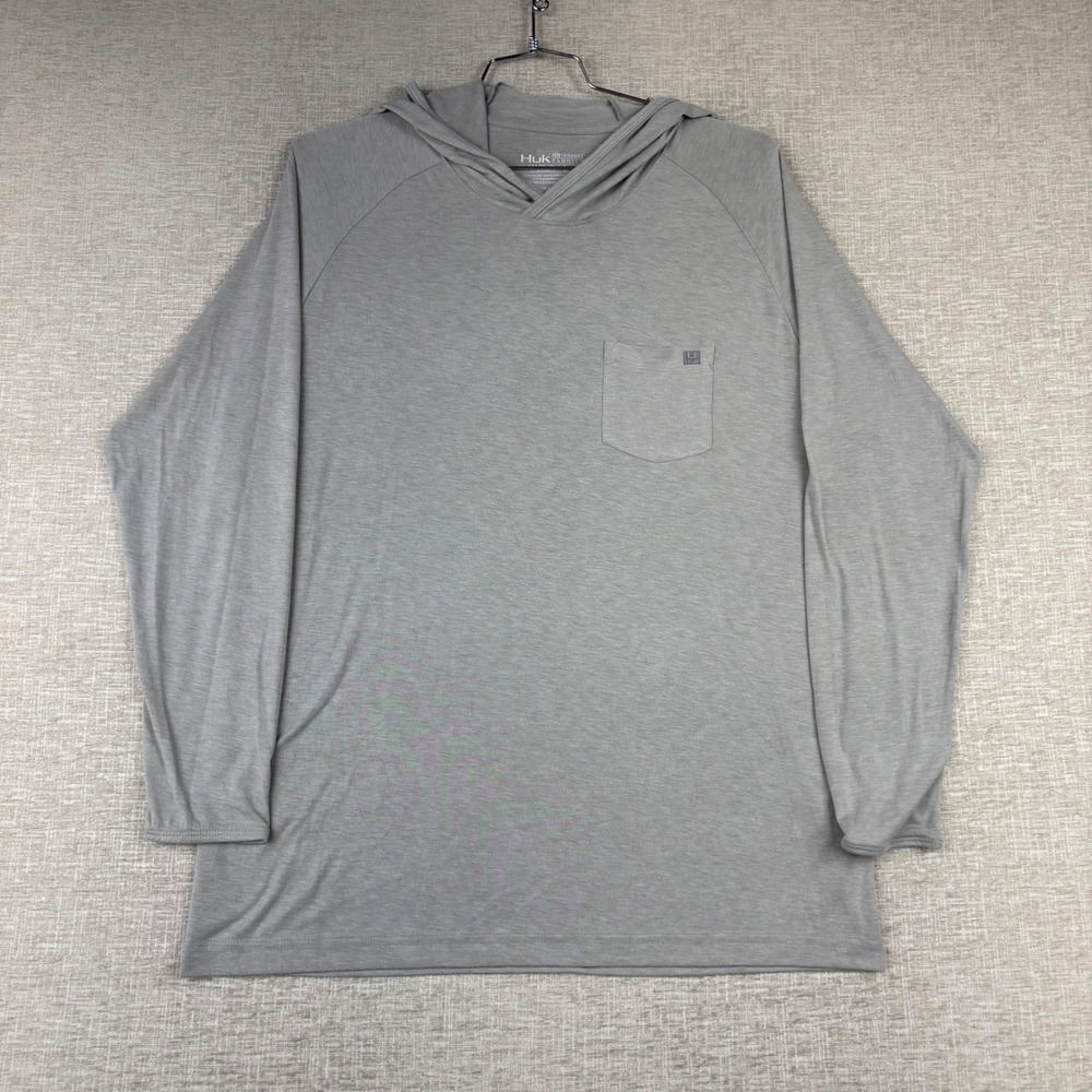 Huk Mens Performance Hoodie Long Sleeve Gray Fishing Shirt Pocket Size L